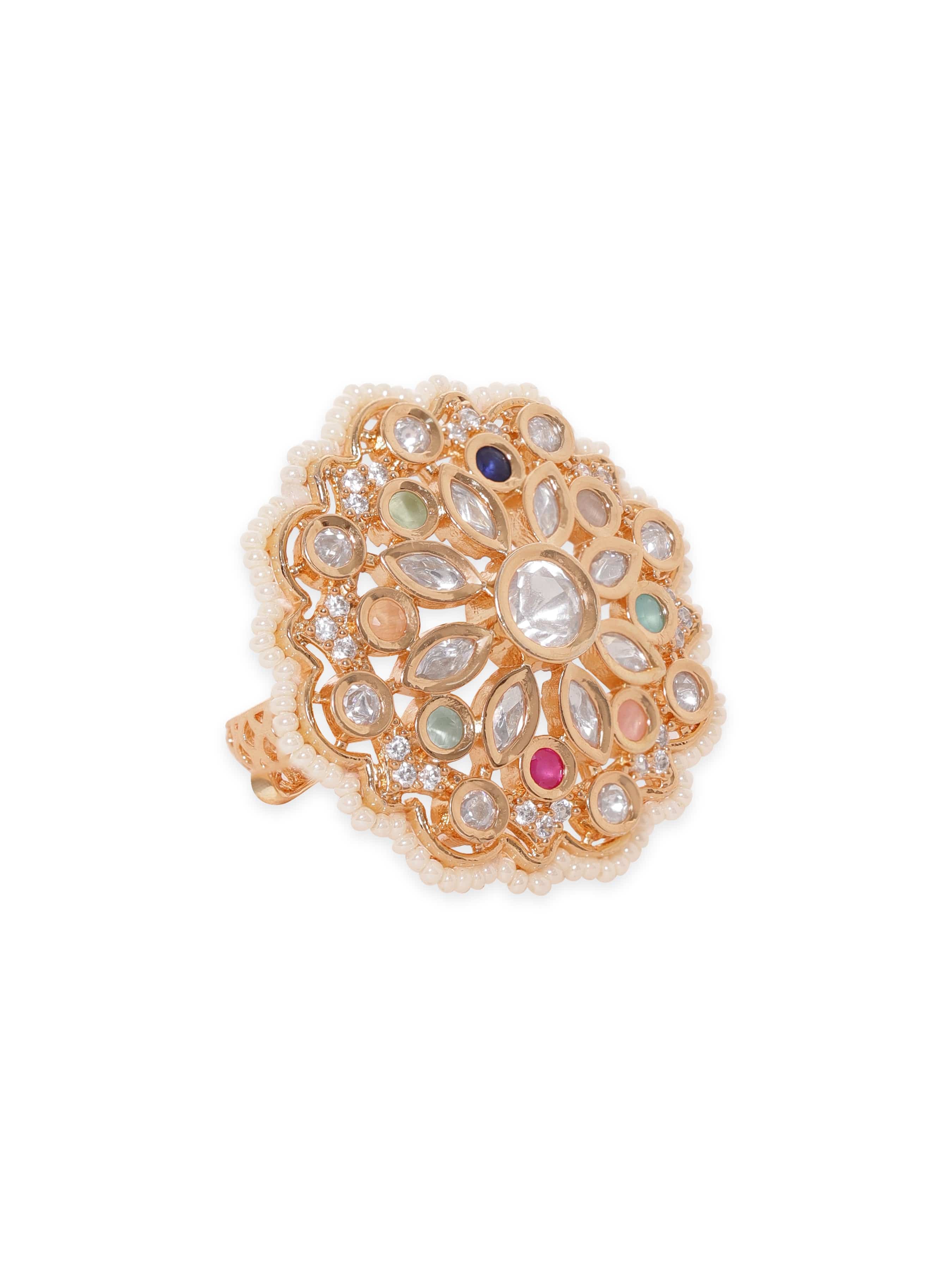 Stylish Gold Plated Ruby Stones Floral Finger Ring Online|Kollam Supreme