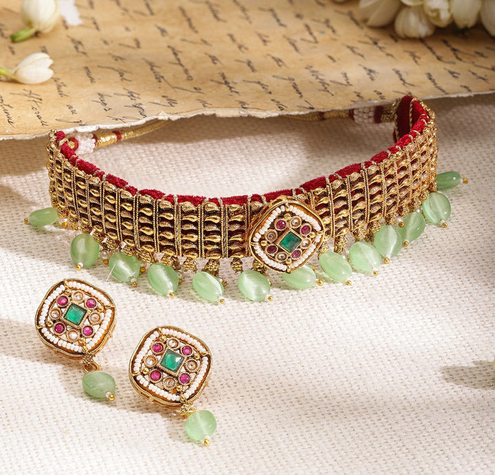 Rubans Premium 22K Gold-Plated Choker with Green Beads & Kundan Accents Jewelry Set Choker set