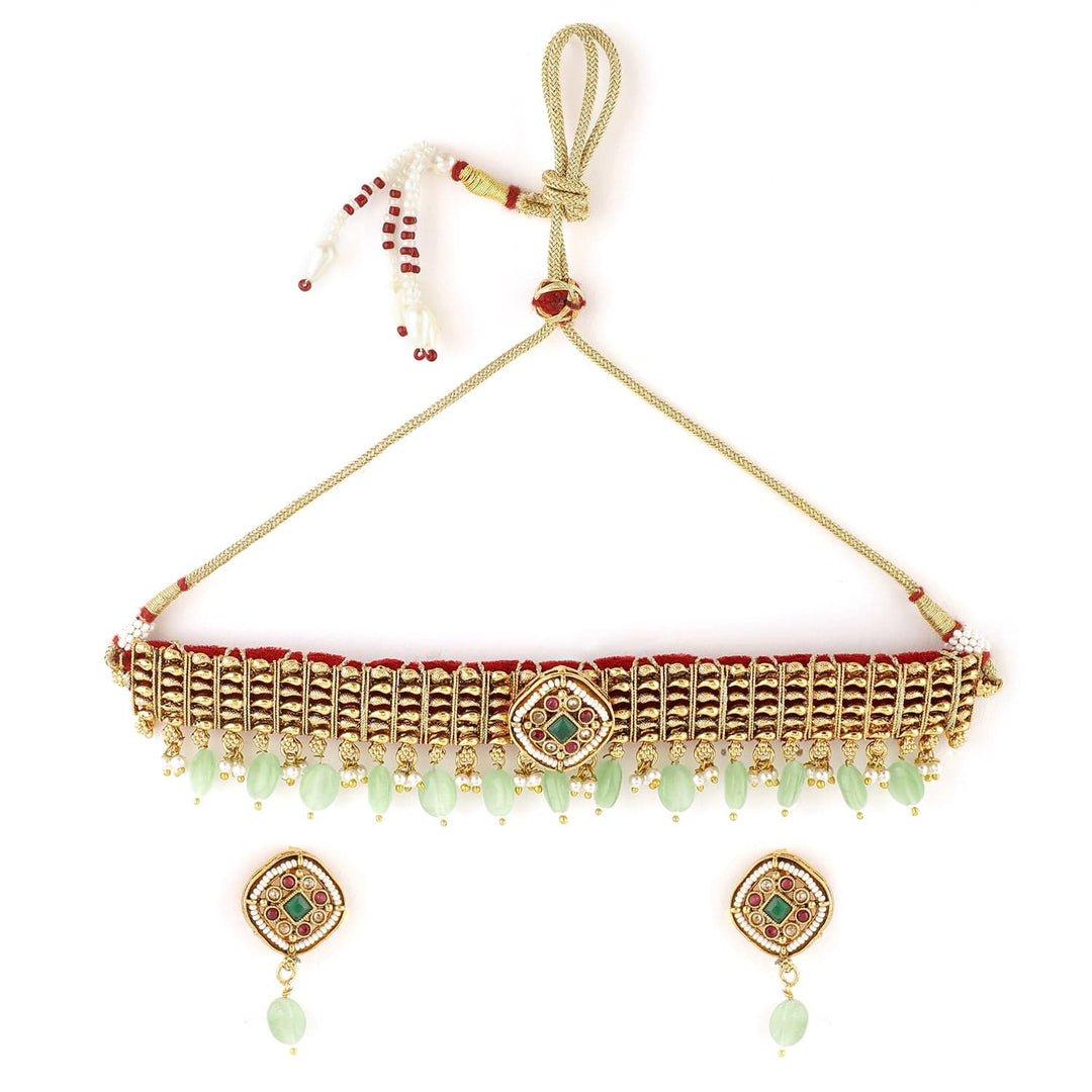 Rubans Premium 22K Gold-Plated Choker with Green Beads & Kundan Accents Jewelry Set Choker set