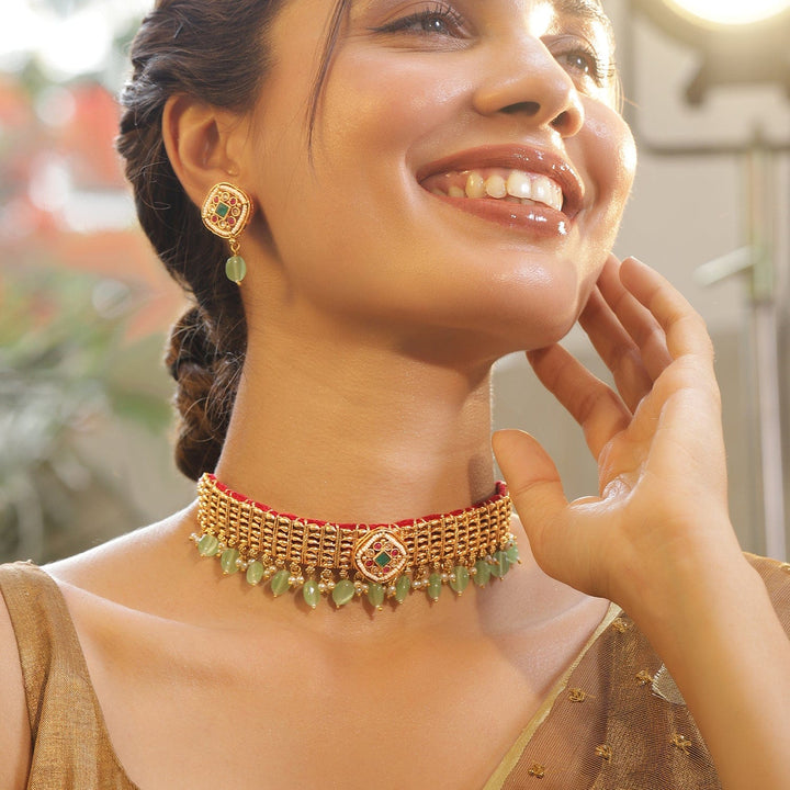 Rubans Premium 22K Gold-Plated Choker with Green Beads & Kundan Accents Jewelry Set Choker set