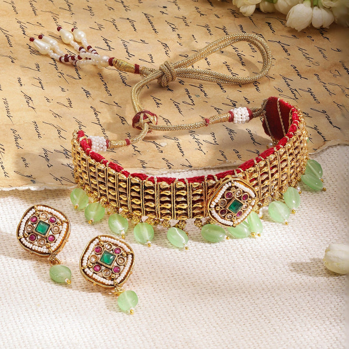 Rubans Premium 22K Gold-Plated Choker with Green Beads & Kundan Accents Jewelry Set Choker set