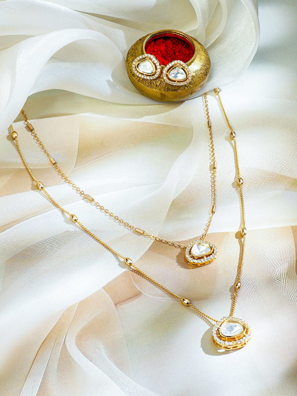 Rubans Premium 22K Gold Plated Polki and Cubic Zirconia Studded Double Layered Necklace Set with Earrings Necklace set