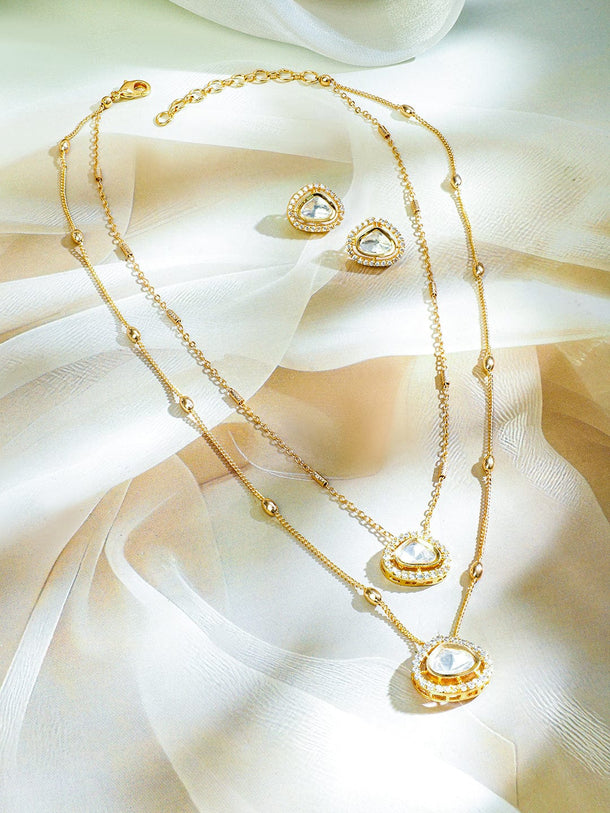 Rubans Premium 22K Gold Plated Polki and Cubic Zirconia Studded Double Layered Necklace Set with Earrings Necklace set