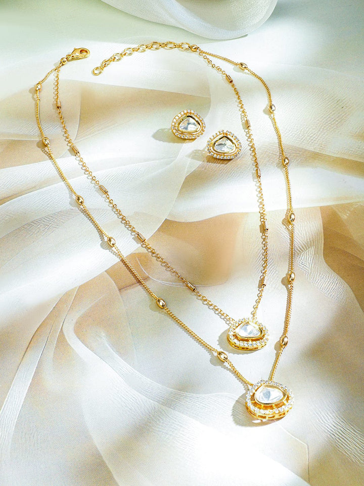 Rubans Premium 22K Gold Plated Polki and Cubic Zirconia Studded Double Layered Necklace Set with Earrings Necklace set