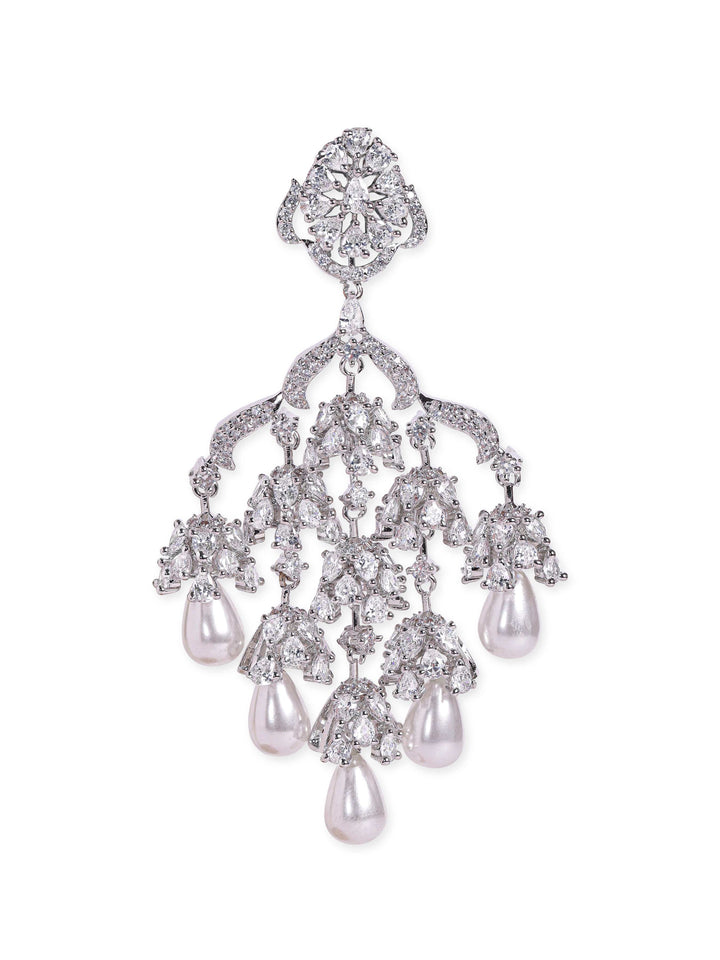 Rubans Premium Rhodium plated AAA Cubic Zirconia studded Pearl dangle Statement chandelier Earring Chandbalis