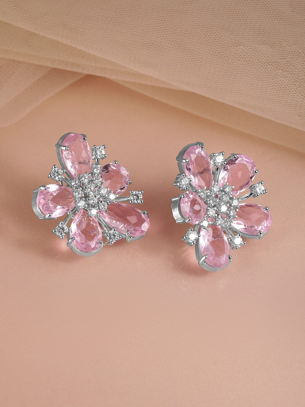 Rubans Premium Rhodium plated Pastel Pink Sapphire AAA Cubic Zirconia Statement Floral Stud Earrings Earrings