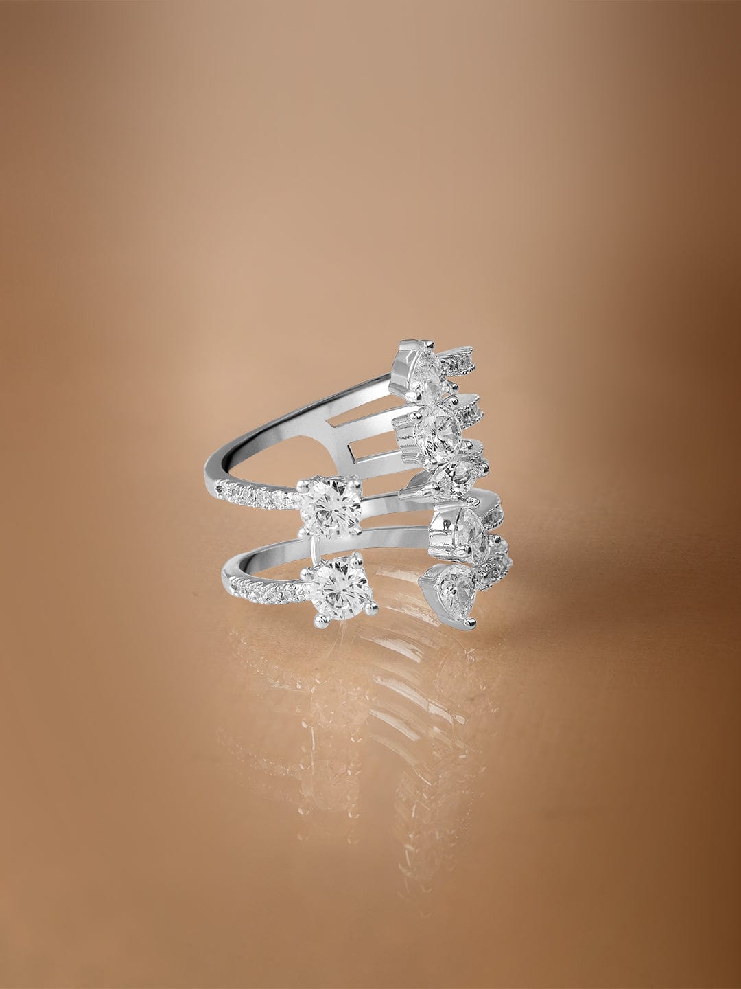 Rubans Premium Rhodium Plated with Crystal & Cubic Zirconia Studded Adjustable Finger Ring Rings