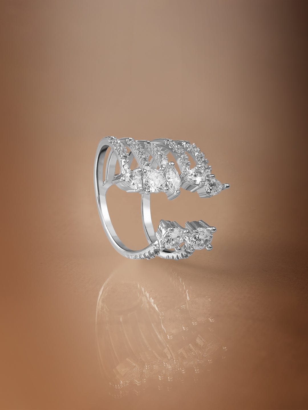 Rubans Premium Rhodium Plated with Crystal & Cubic Zirconia Studded Adjustable Finger Ring Rings