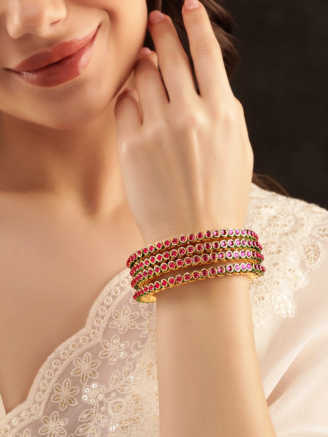 Rubans Pretty in Pink: Set of 4 Short Kundan Bangles Bangles & Bracelets