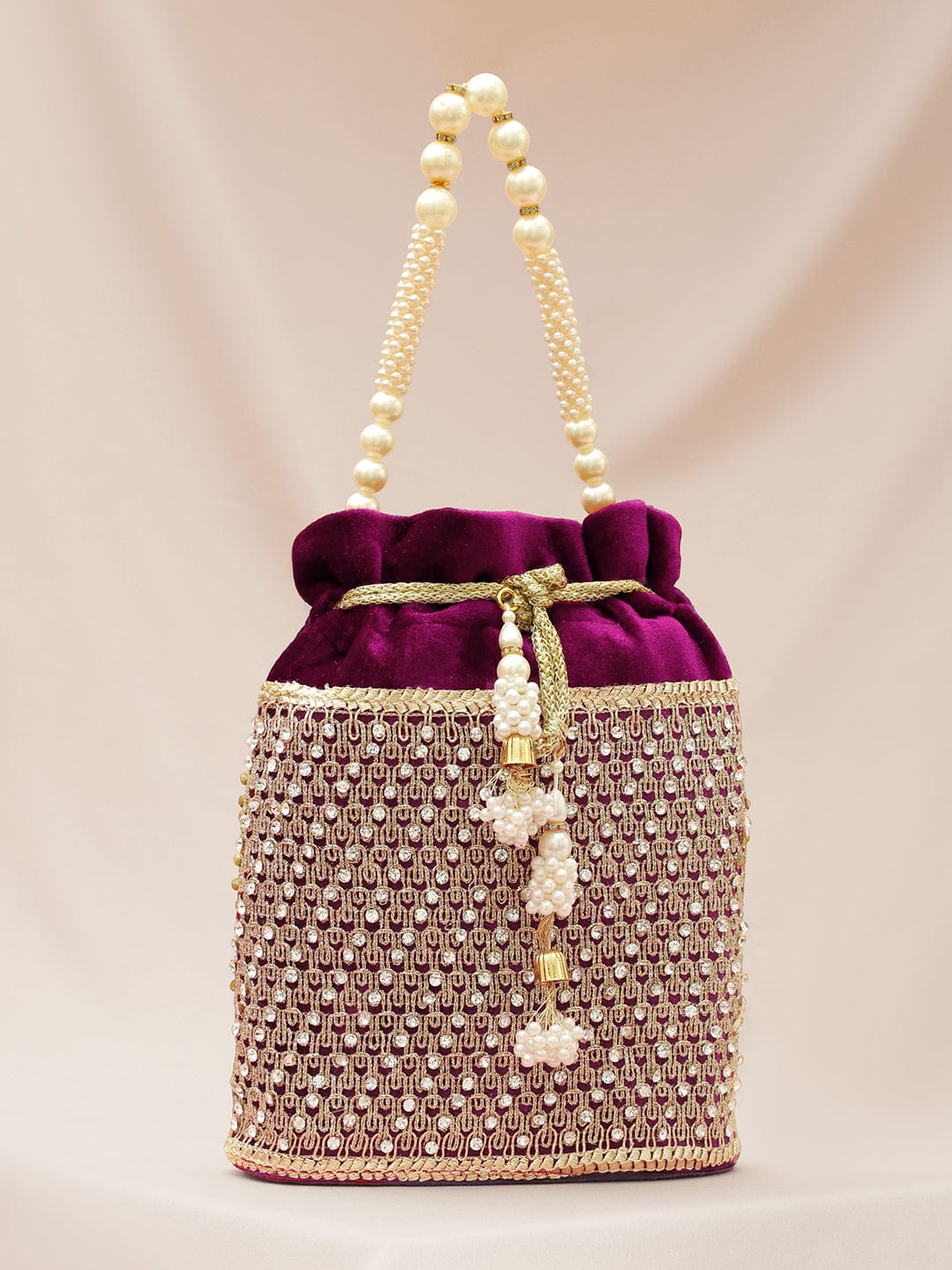 Rubans Purple Velvet Potli Bag with Pearl Handle, Golden Embroidery & Stone Detailing Handbag, Wallet Accessories & Clutche