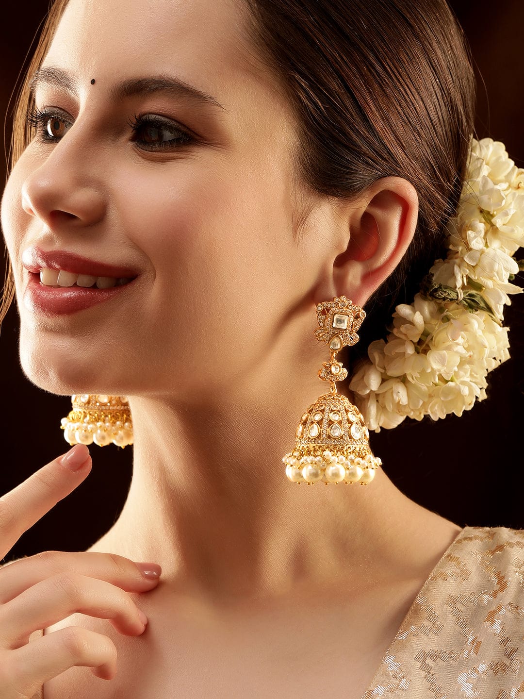 Rubans Radiant Gold-Plated AD Jhumka Earrings: Sparkle with Grace Earrings