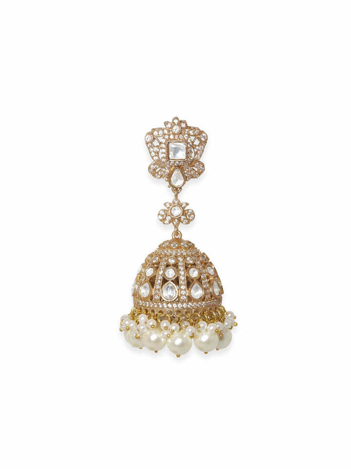 Rubans Radiant Gold-Plated AD Jhumka Earrings: Sparkle with Grace Earrings