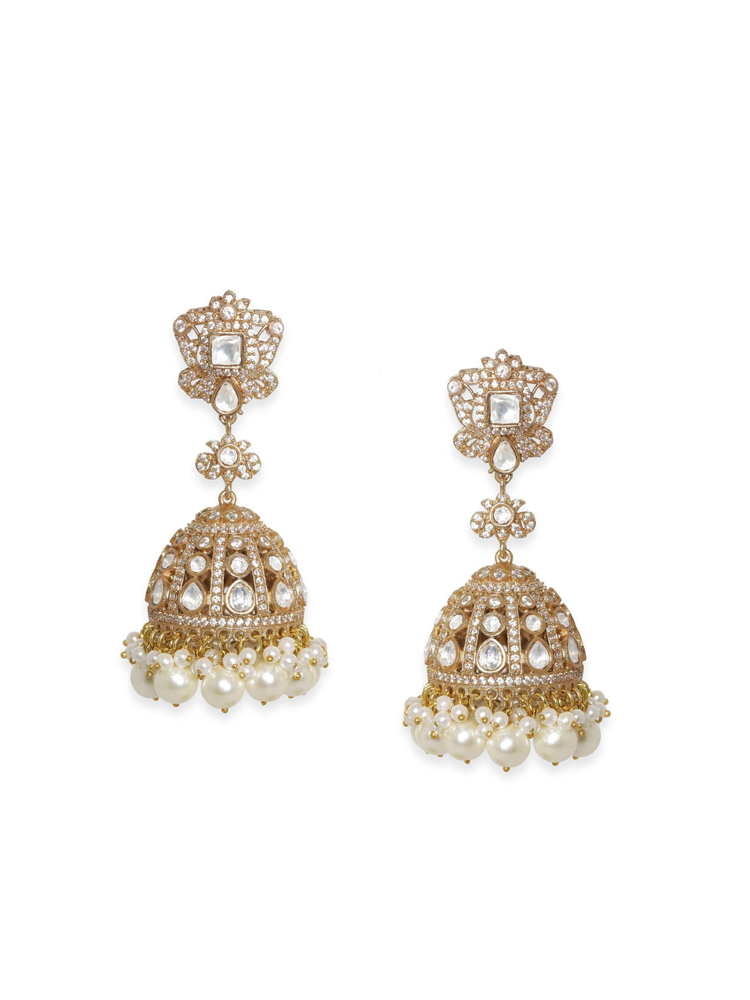 Rubans Radiant Gold-Plated AD Jhumka Earrings: Sparkle with Grace Earrings