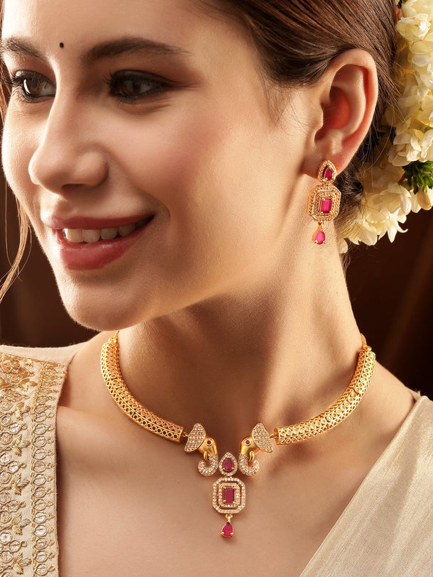 Rubans Radiant Gold-Plated AD & Pink Stone Necklace Set Jewellery Sets
