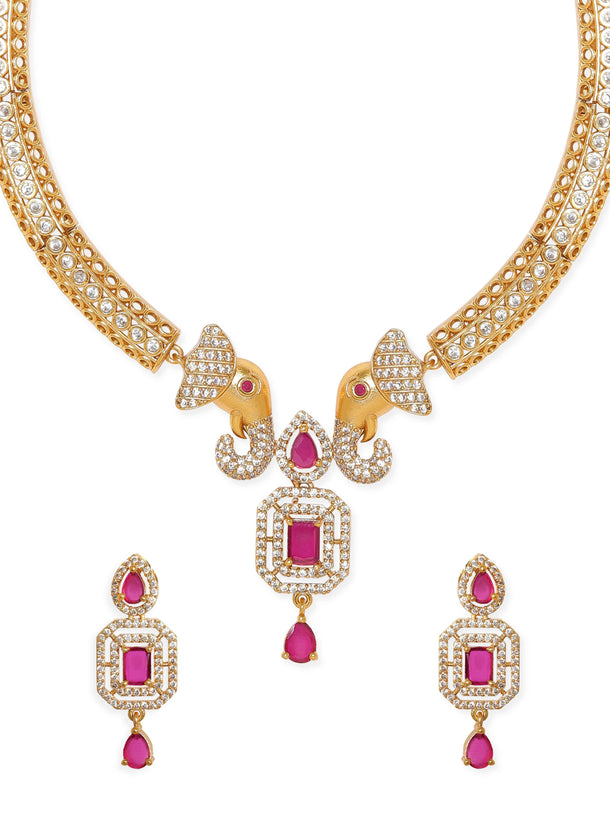Rubans Radiant Gold-Plated AD & Pink Stone Necklace Set Jewellery Sets