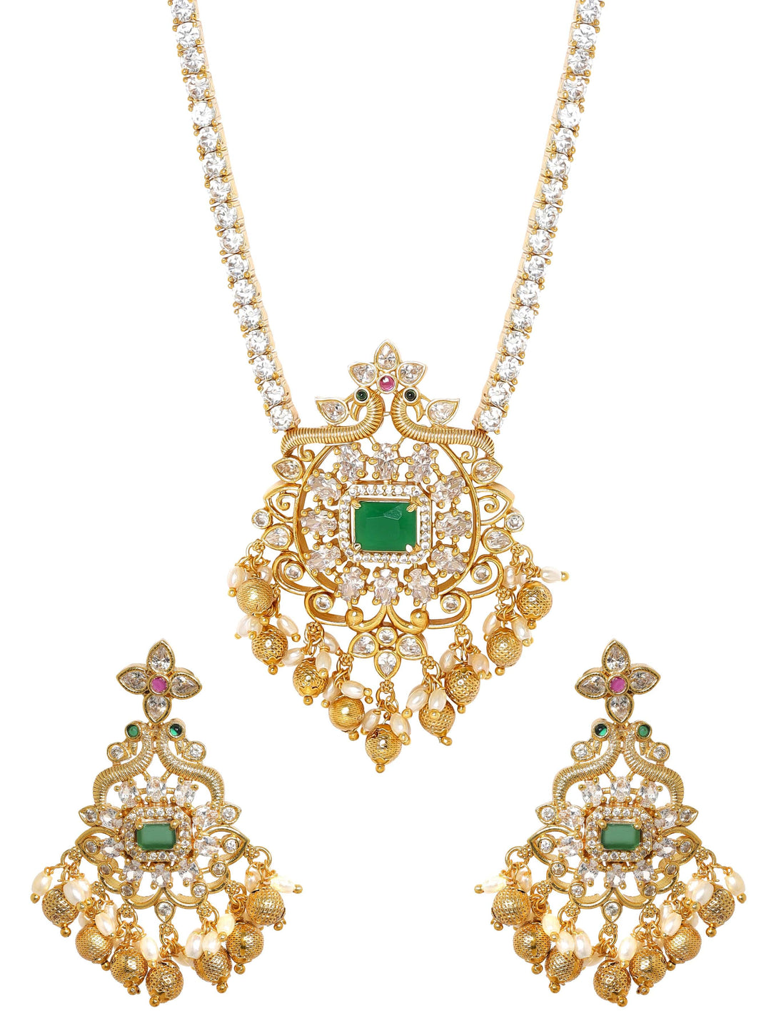 Rubans Radiant Gold Tone Temple Necklace Set with Multicolored Stones Jewellery Sets