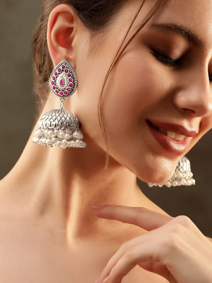 Rubans Radiant Silver & Pink Stone Oxidized Jhumka Earrings Earrings