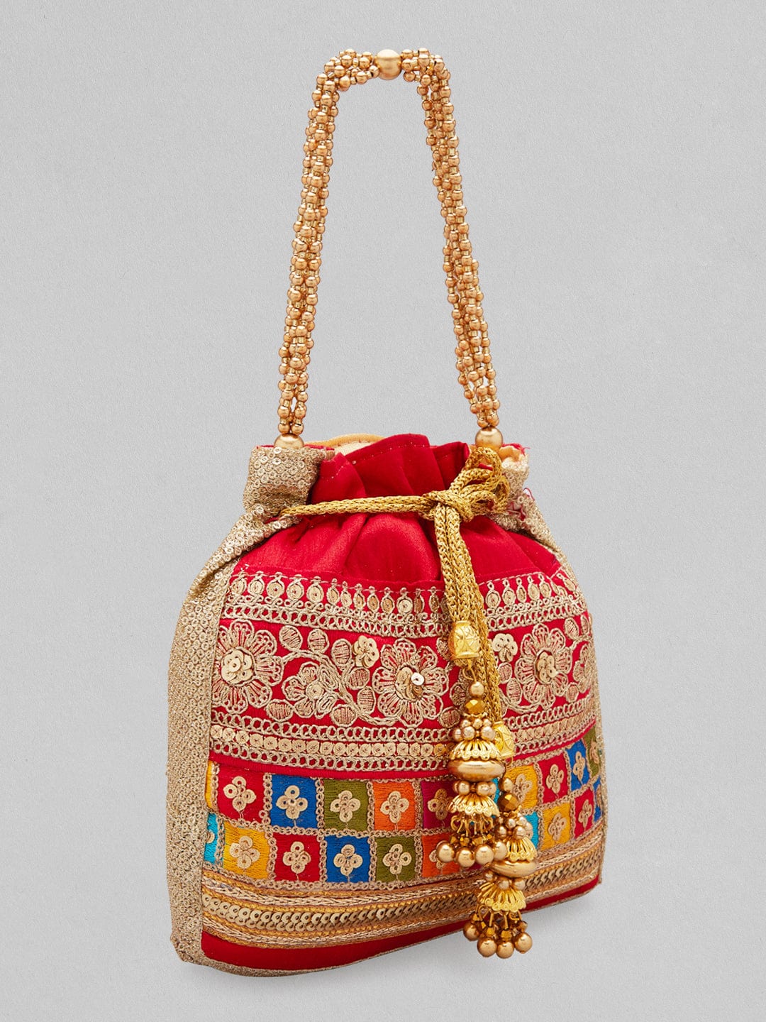 Rubans Red Coloured Potli Bag With Multicoloured Embroidery Design Handbag & Wallet Accessories