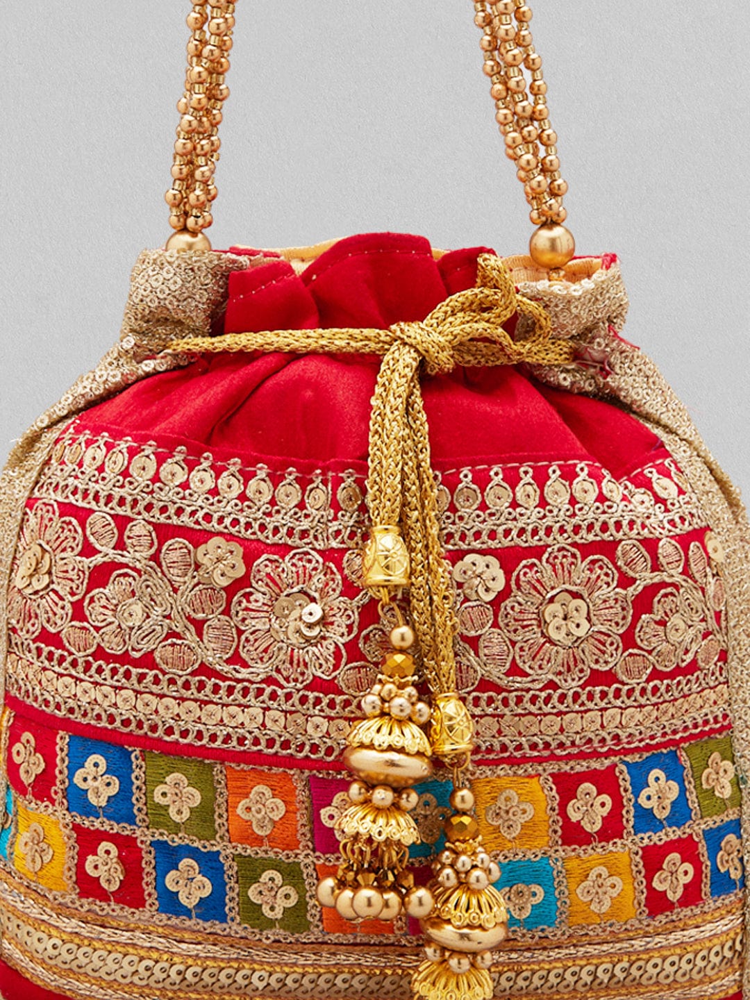 Red embroidered zari potli bag – Aditi Wasan