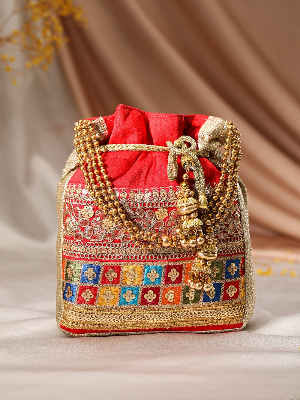 Rubans Red Coloured Potli Bag With Multicoloured Embroidery Design Handbag, Wallet Accessories & Clutche