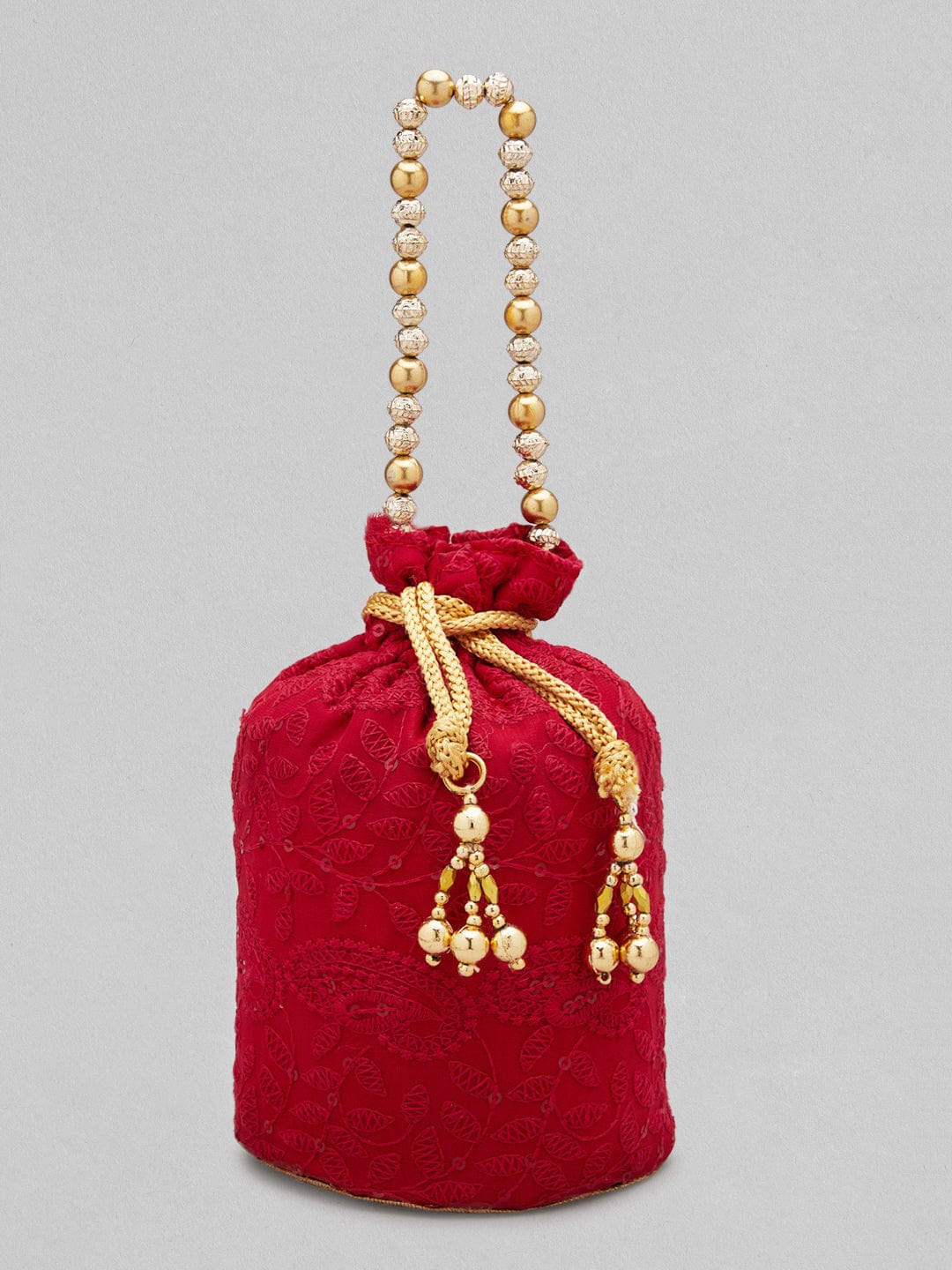 Rubans Red Coloured Potli Handbag With Chikankari Design Handbag & Wallet Accessories