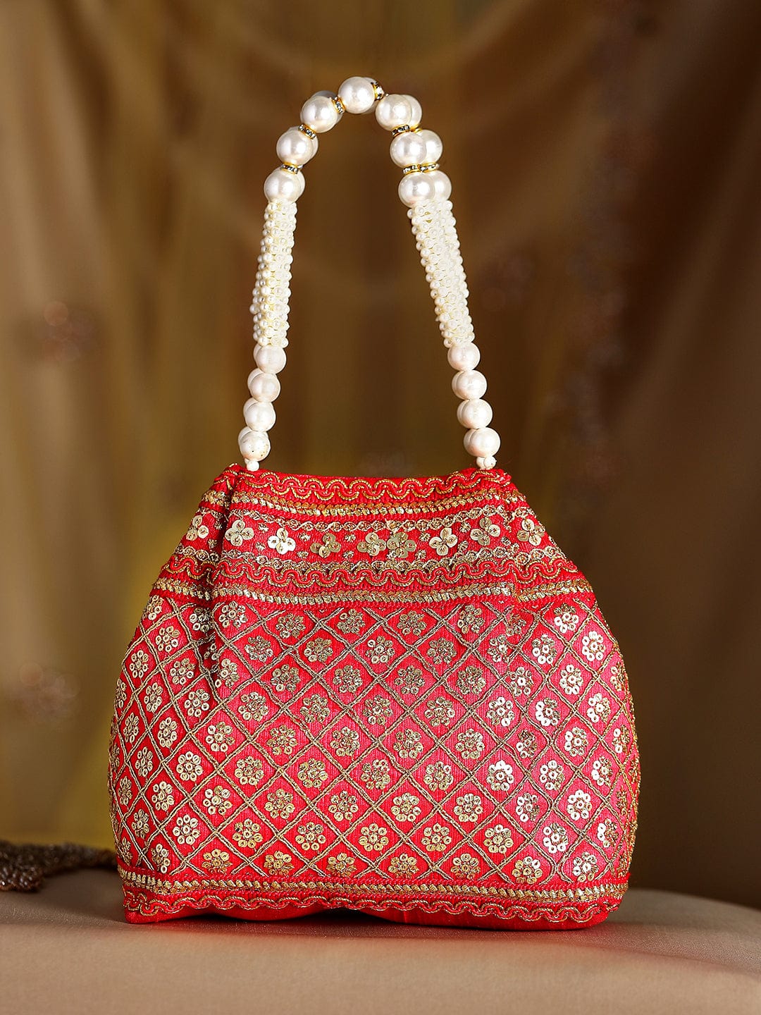 Shop Rubans Cream Coloured Velvet Potli Bag With Pearls And Golden Beads Online at Rubans