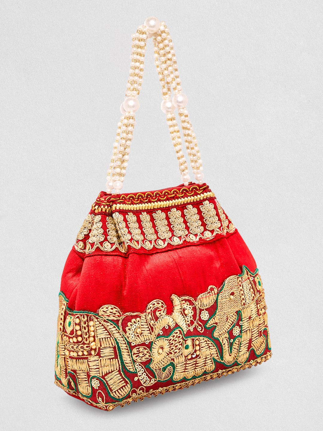 Rubans Red Embroidered & Green Border Potli Bag with Pearl Handle & Elephant Motif Details Bags