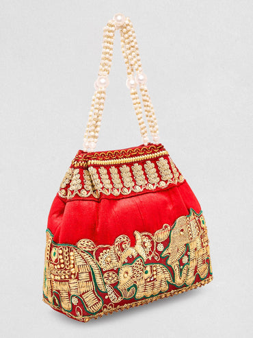 Rubans Red Embroidered & Green Border Potli Bag with Pearl Handle & Elephant Motif Details Bags