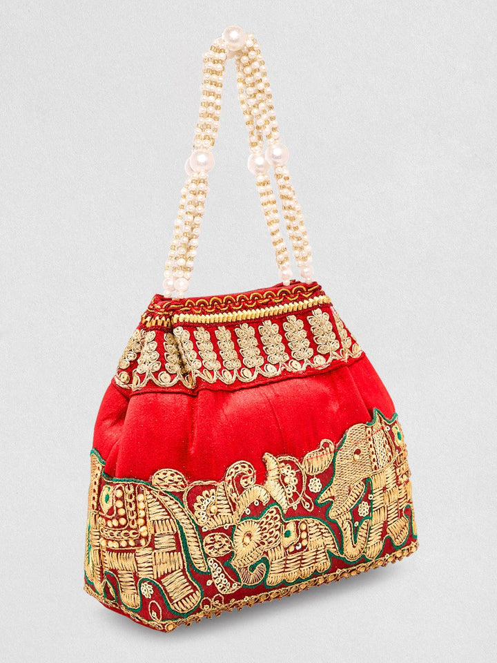 Rubans Red Embroidered & Green Border Potli Bag with Pearl Handle & Elephant Motif Details Bags
