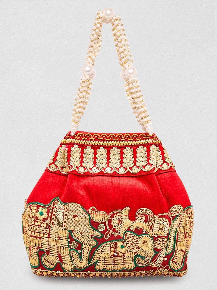 Rubans Red Embroidered & Green Border Potli Bag with Pearl Handle & Elephant Motif Details Bags