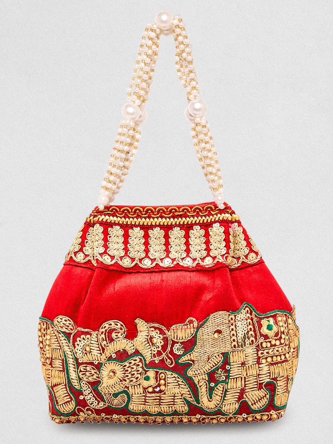 Rubans Red Embroidered & Green Border Potli Bag with Pearl Handle & Elephant Motif Details Bags