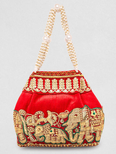 Rubans Red Embroidered & Green Border Potli Bag with Pearl Handle & Elephant Motif Details Bags