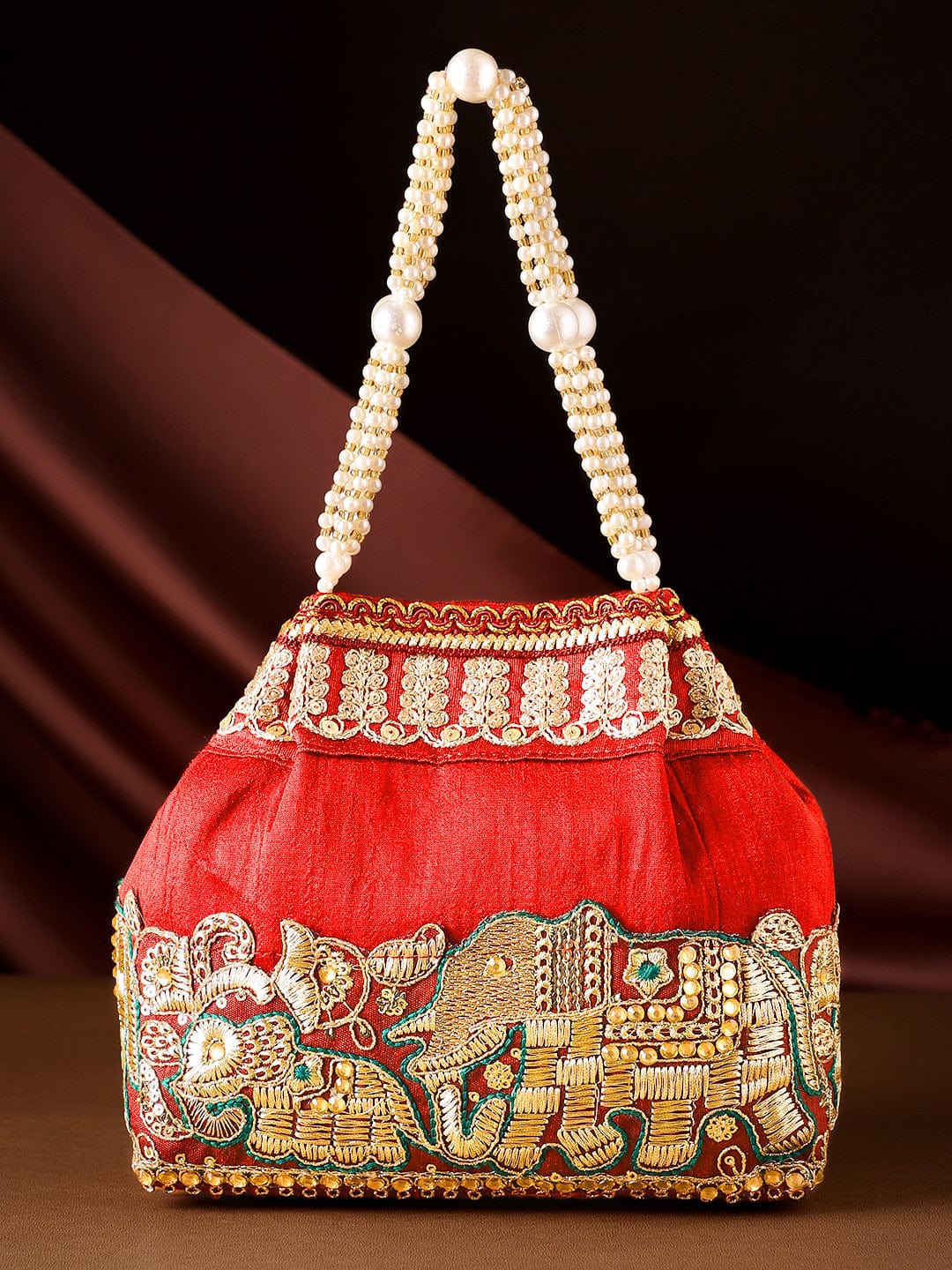 Rubans Red Embroidered & Green Border Potli Bag with Pearl Handle & Elephant Motif Details Bags