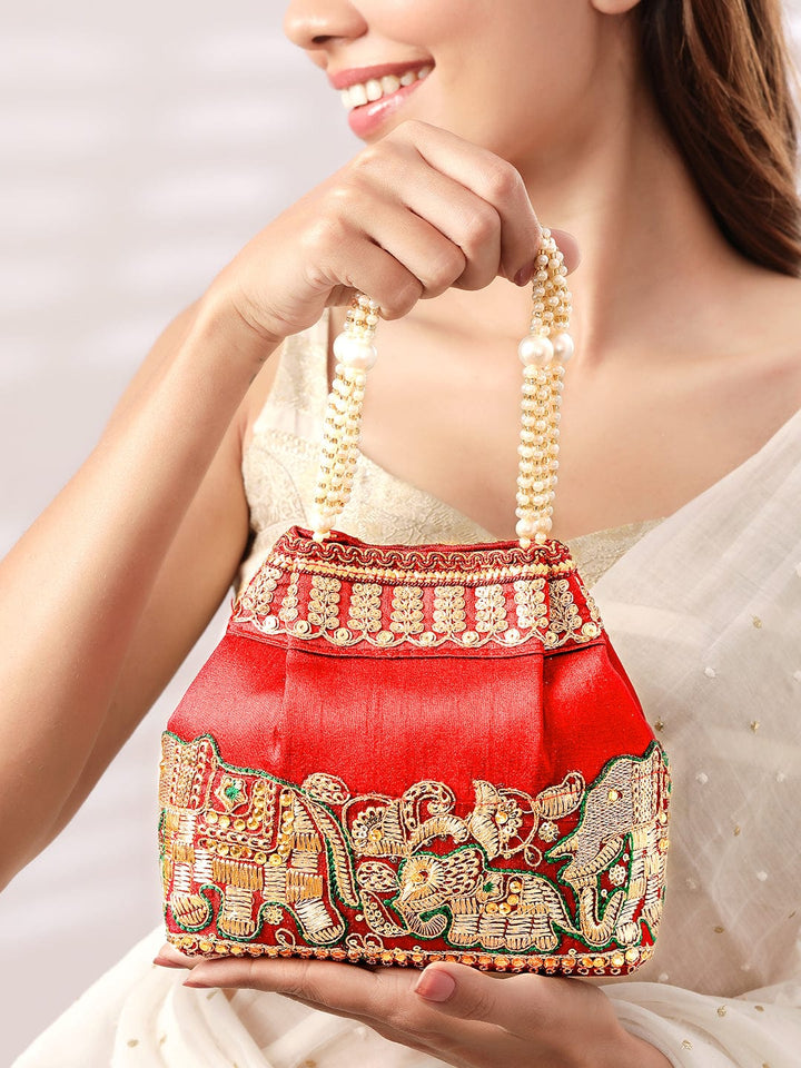 Rubans Red Embroidered & Green Border Potli Bag with Pearl Handle & Elephant Motif Details Bags