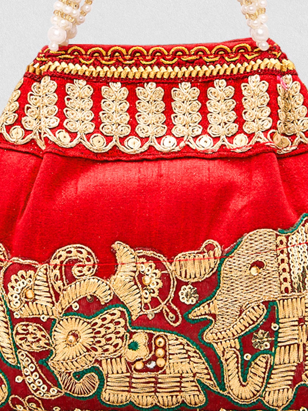 Rubans Red Embroidered & Green Border Potli Bag with Pearl Handle & Elephant Motif Details Bags