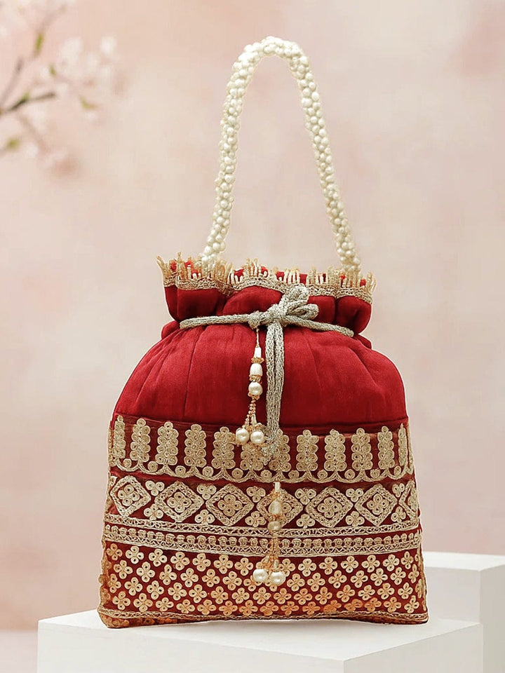 Rubans Red & Gold Embroidered Potli Bag with Pearl Handle & Beaded Tassel Detailing Bags