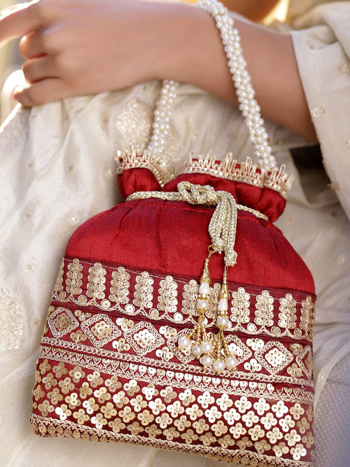 Rubans Red & Gold Embroidered Potli Bag with Pearl Handle & Beaded Tassel Detailing Bags