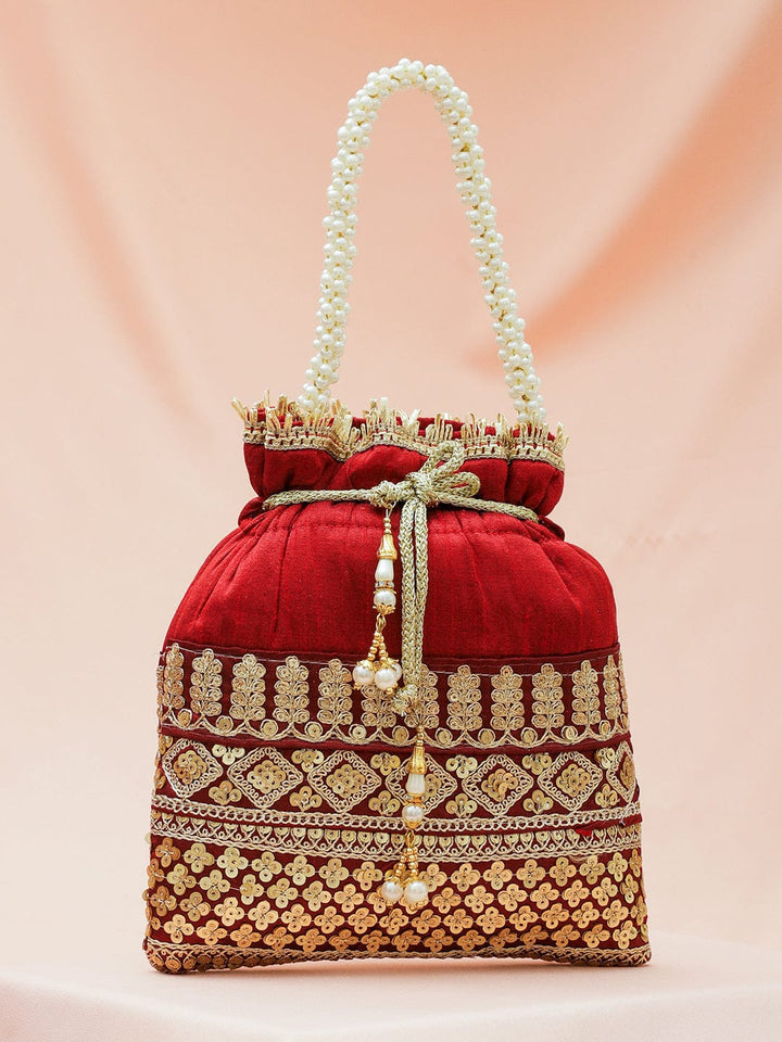 Rubans Red & Gold Embroidered Potli Bag with Pearl Handle & Beaded Tassel Detailing Bags