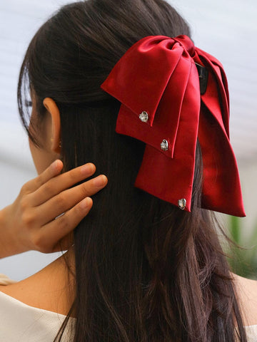 Rubans Red Satin Bow Hair Claw Clip with Crystal Embellishments for Elegant & Stylish Look Hair Accessory