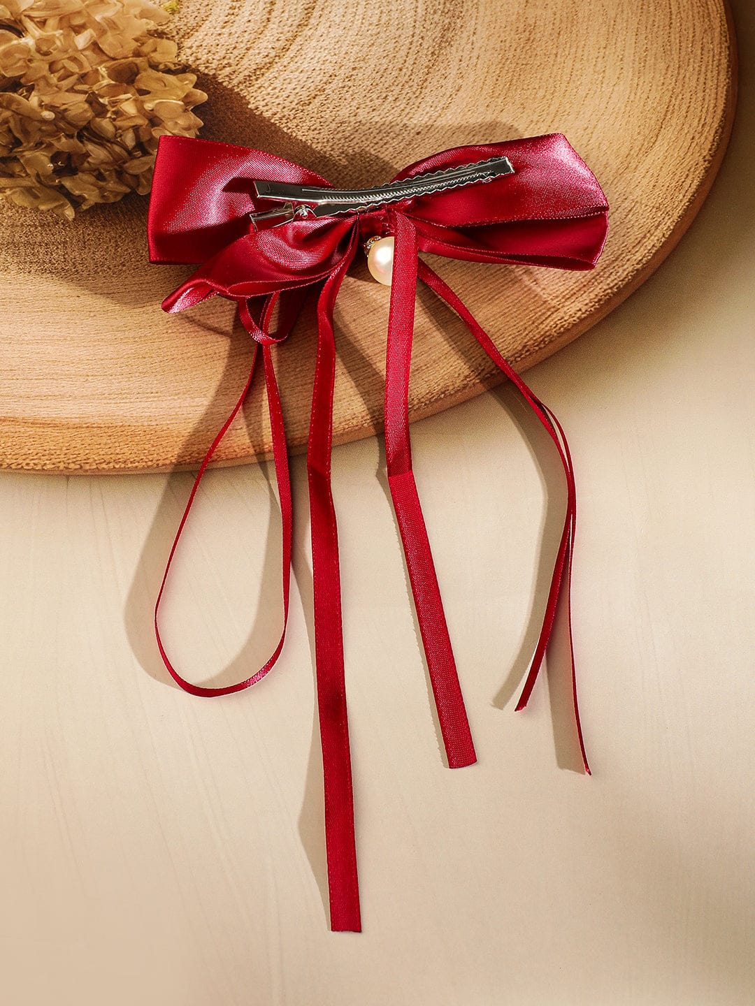 Rubans Red Satin Bow Hair Clip with Pearl Drop & Flowing Ribbon Tails â€“ Elegant & Chic Hair Accessory