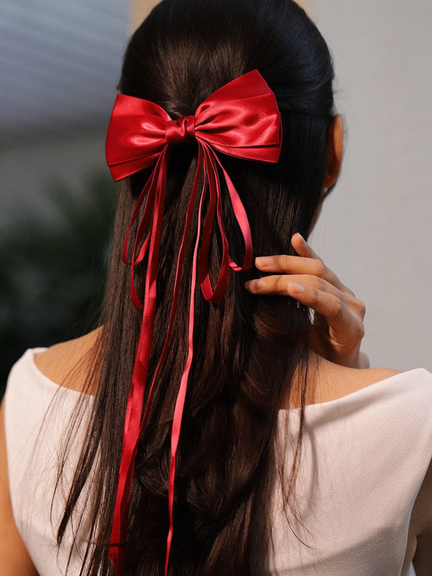 Rubans Red Satin Ribbon Bow Hair Clip â€“ Chic & Elegant Long-Tail Hair Accessory Hair Accessory