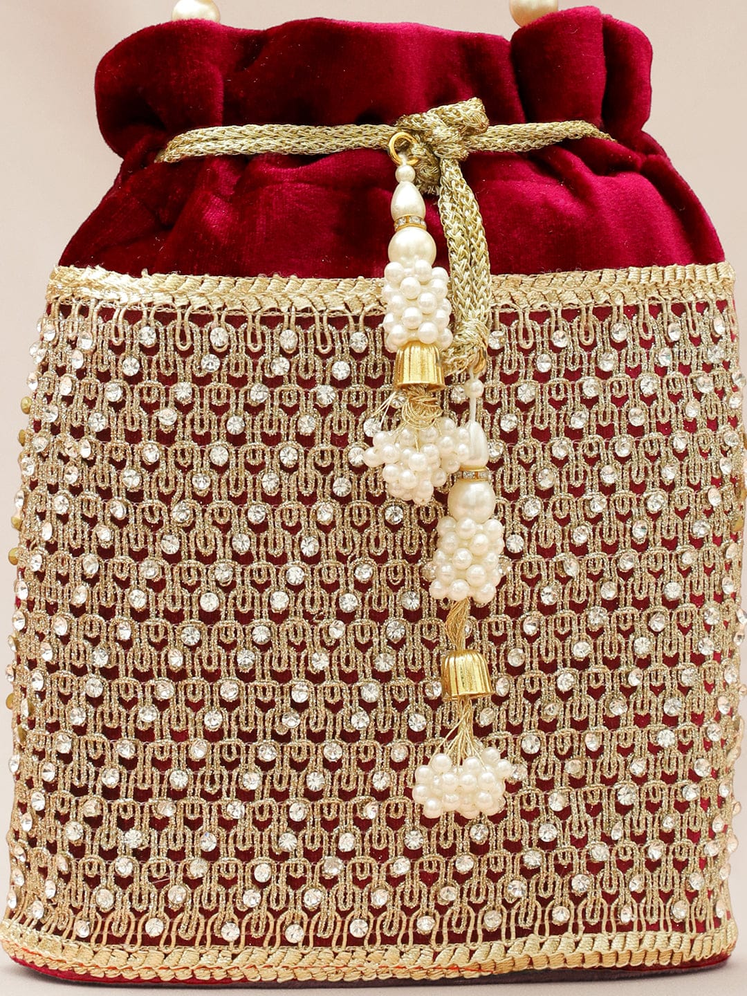 Rubans Red Velvet Potli Bag with Pearl Handle, Golden Embroidery & Stone Detailing Bags