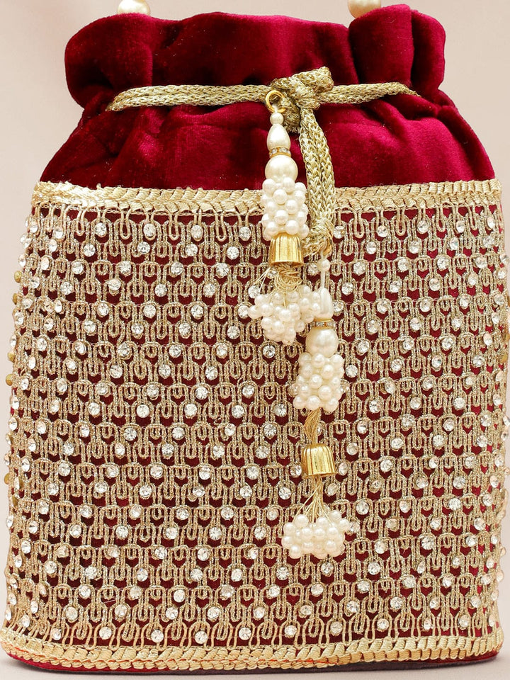 Rubans Red Velvet Potli Bag with Pearl Handle, Golden Embroidery & Stone Detailing Bags