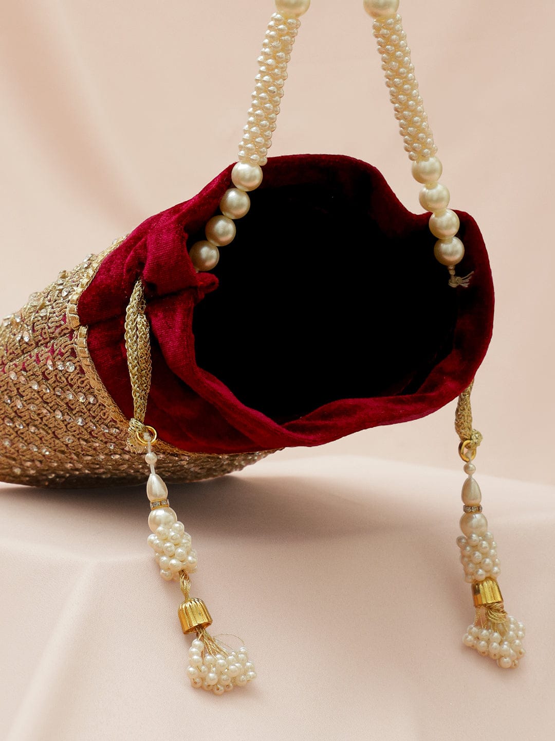 Rubans Red Velvet Potli Bag with Pearl Handle, Golden Embroidery & Stone Detailing Bags