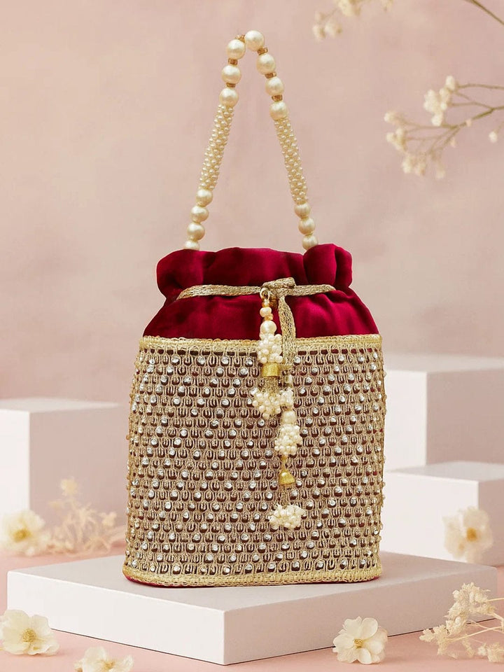 Rubans Red Velvet Potli Bag with Pearl Handle, Golden Embroidery & Stone Detailing Bags