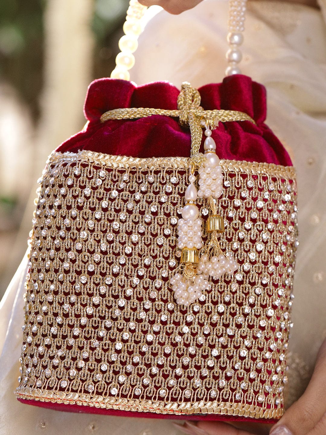 Rubans Red Velvet Potli Bag with Pearl Handle, Golden Embroidery & Stone Detailing Bags