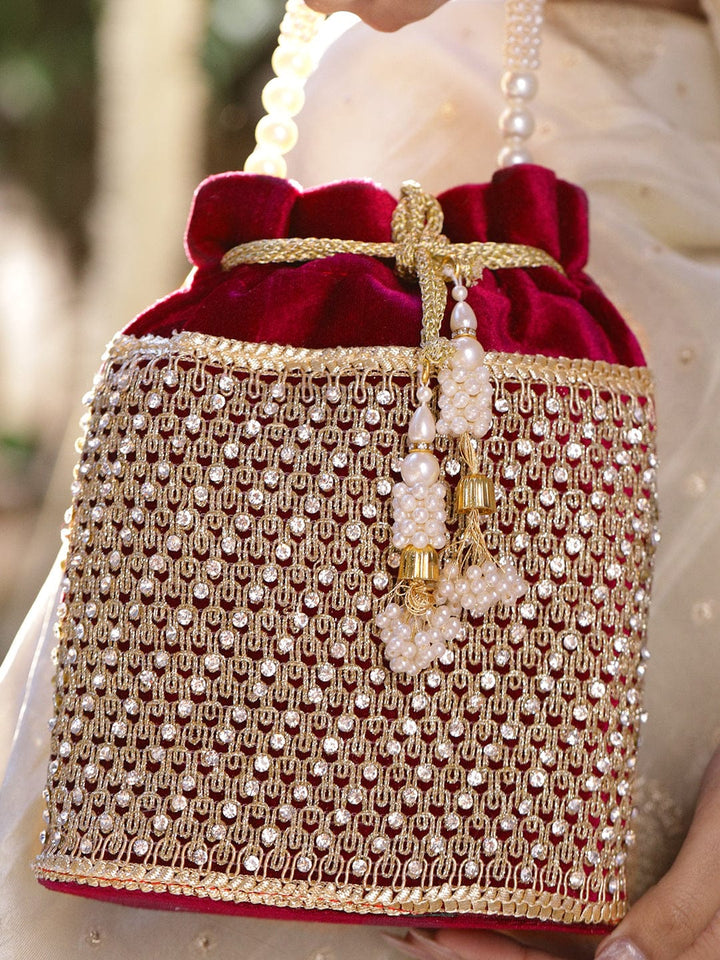 Rubans Red Velvet Potli Bag with Pearl Handle, Golden Embroidery & Stone Detailing Bags