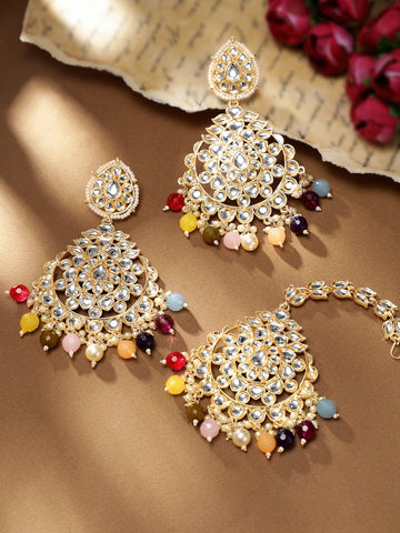 Rubans Regal 22k Gold Plated Kundan Multi-color Pearl Beaded Jewelry Set Earrings & mangtika Combo