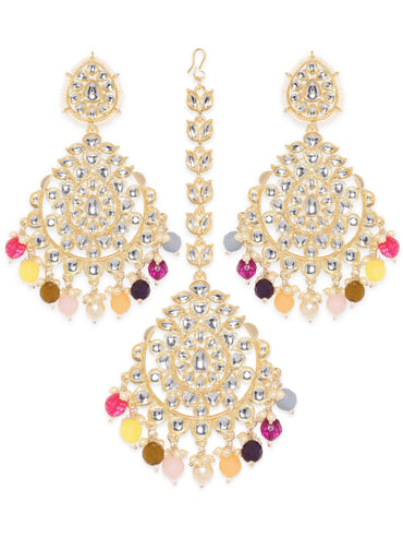 Rubans Regal 22k Gold Plated Kundan Multi-color Pearl Beaded Jewelry Set Earrings & mangtika Combo