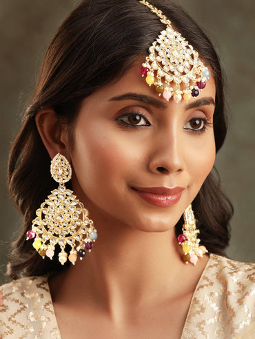 Rubans Regal 22k Gold Plated Kundan Multi-color Pearl Beaded Jewelry Set Earrings & mangtika Combo